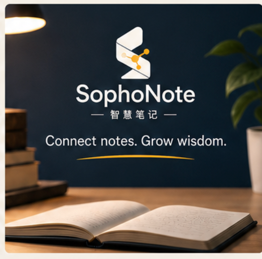 书桌上的打开笔记本，背景展示 SophoNote 标志与“智慧笔记”品牌语